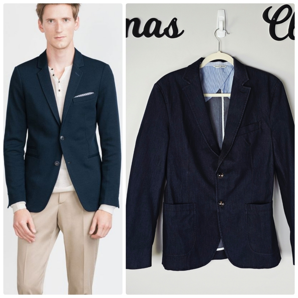 Zara Man Blue Chambray Blazer Tailored Fit Lightweight Blazer Jacket Size 40